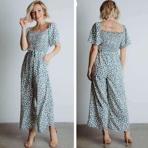 Baltic Born Kendall Dusty Blue Floral Smocked Flutter Sleeve Wide Leg Jumpsuit